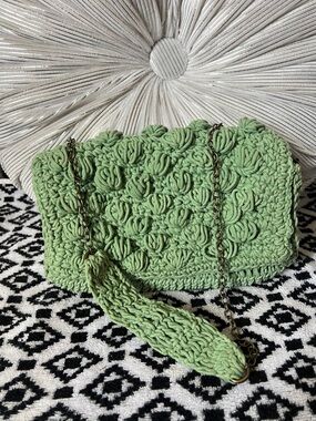 Light Green Crochet Shoulder Bag with Chain Strap